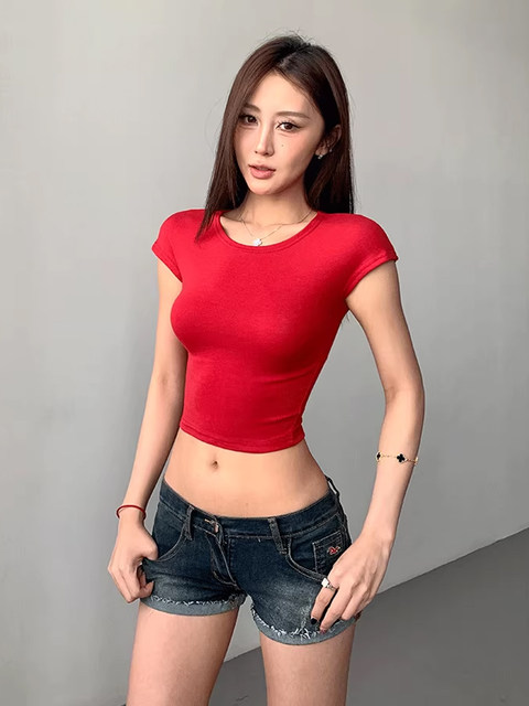 Hot Girl Short Tight Round Neck Bottoming T-Shirt Women's Summer American Pure Lust Style Slim Right Shoulder Slim Crop Top