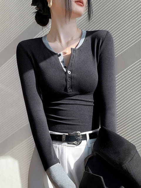 Contrast Color Half-Open Collar Button-Down Base Shirt for Women, New Autumn and Winter American Style Hot Girl High-End Long-Sleeve T-Shirt Top