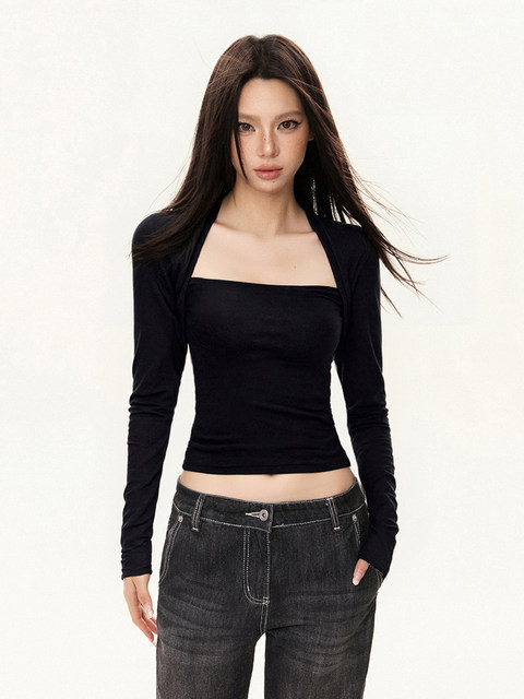 Spicy Girl Style Square-Neck Black Long-Sleeve T-Shirt for Women, Early Spring French Niche Style, Slim-Fit, Flattering Base Top