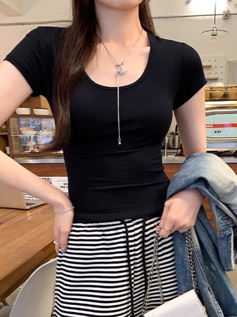 Spicy Girl Style Elastic U-Neck Short-Sleeve T-Shirt for Women, Summer Tight-Fitting, Figure-Flattering, Slim-Fit Short Base Shirt, Gray Crop Top