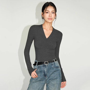 Solid Color V-Neck Long-Sleeve Base Shirt for Women, New Spring and Autumn Style, High-End, Slim-Fitting, Elegant, Versatile T-Shirt Top