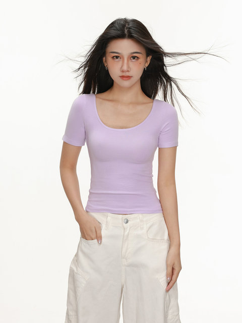 American Sexy Tight-Fitting Short-Sleeved T-Shirt for Women Summer 2025 New Pure Desire Front and Back U-Neck Slim Sexy Short Top