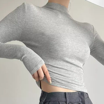 Tight-Fitting Small Stand-Up Collar Long-Sleeve Base Layer T-Shirt for Women, Autumn and Winter Style, Hot Girl Half-High Collar, Elastic Pleated Slimming Top