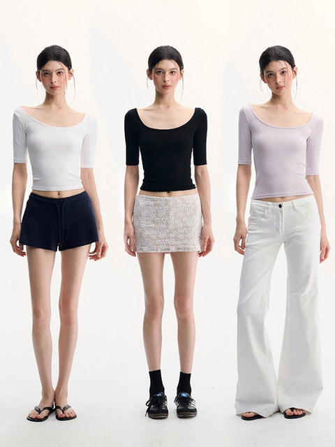 French U-neck mid-sleeve t-shirt for women in spring and autumn new style hot girl five-quarter sleeve slim fit and slim inner layering shirt top