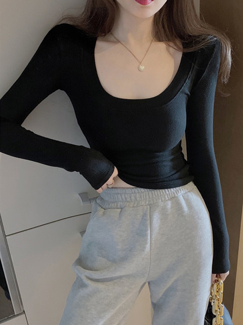 Pure Desire Large Round Neck Tight-Fitting Layered Base Shirt for Women, Autumn and Winter European Hot-Selling Slim-Fit U-Neck Long-Sleeve T-Shirt