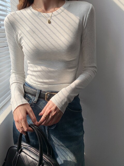 Spring, Autumn, and Winter Ribbed Slim-Fit Long-Sleeve T-Shirt with Regular Shoulders, Brushed Tight-Fitting Base Shirt, Basic Short Top for Women