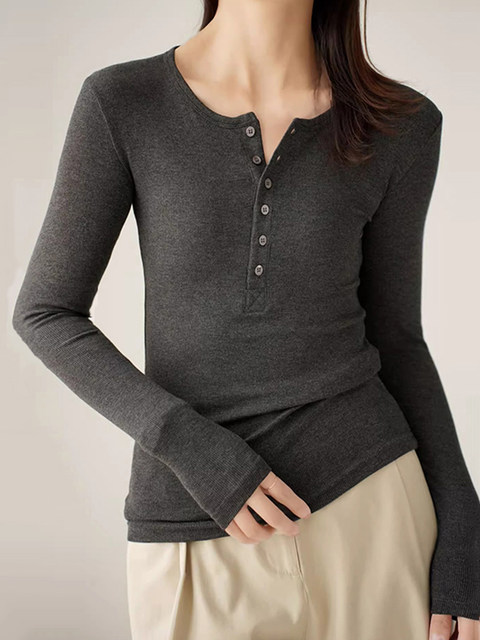 Threaded Button Henry Collar Long-Sleeve Inner T-Shirt for Women, Autumn and Winter American Style Unique Half-Open Collar Slimming Base Shirt Top