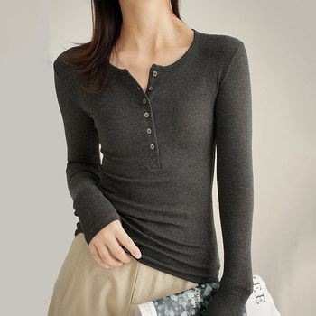 Threaded Button Henry Collar Long-Sleeve Inner T-Shirt for Women, Autumn and Winter American Style Unique Half-Open Collar Slimming Base Shirt Top
