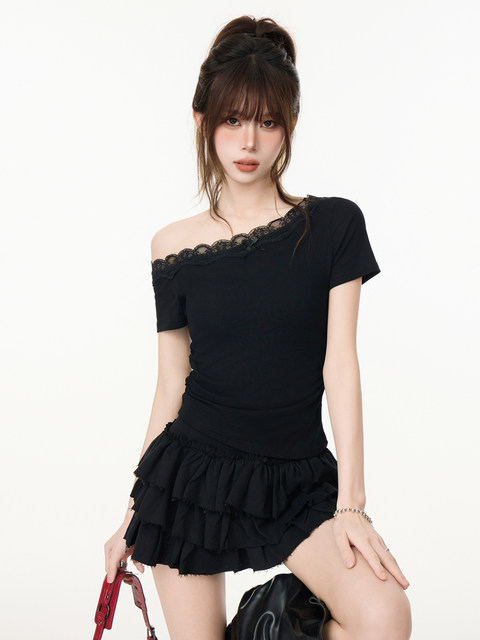Lace Splicing Bow Slanted Shoulder Short-Sleeved T-Shirt for Women Summer Design American Sexy Tight Slimming Look Top