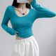 2025 Autumn and Winter Long-Sleeve Tight-Fitting U-Neck Base Shirt in Sky Blue, High-Waisted Short Style, Enhances Bust Appearance, Trendy Inner Wear Top for Women