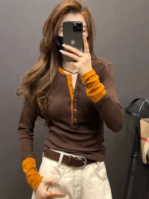 American Retro Color-Block Long-Sleeve Base Shirt for Women, Autumn and Winter Design, Slim Fit, Slimming, Patchwork Fake Two-Piece Top