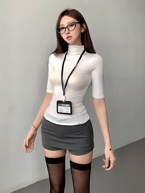 Trendy Half-High Collar Short-Sleeve Thin T-Shirt for Women, Summer 2026 New Popular Korean Style Slim-Fit Top