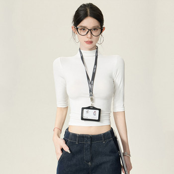 Half-High Collar T-Shirt for Women, Spring and Autumn, Pure and Sexy Style, Slim Fit, Elegant and Versatile, Mid-Sleeve Base Shirt Top