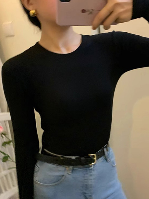 American Style Niche ins Spicy Girl Round Neck Knitted Base Shirt for Women, Autumn and Winter Basic T-Shirt, Regular Shoulder, Slim Fit Inner Top