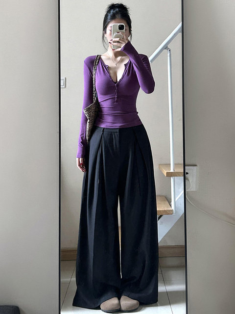 Purely Alluring Purple Half-Open Collar Long-Sleeve T-Shirt for Women, Autumn and Winter, High-End, Tight-Fitting, Sexy V-Neck Inner Layer Top