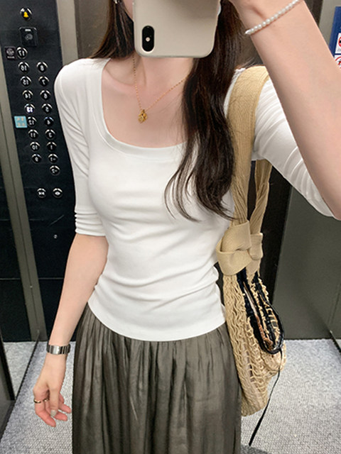 Lyocell Tencel U-Neck Mid-Sleeve T-Shirt for Women, Summer Korean Style, Pure and Alluring, Revealing Collarbone, Slim Fit, Age-Reducing Base Top