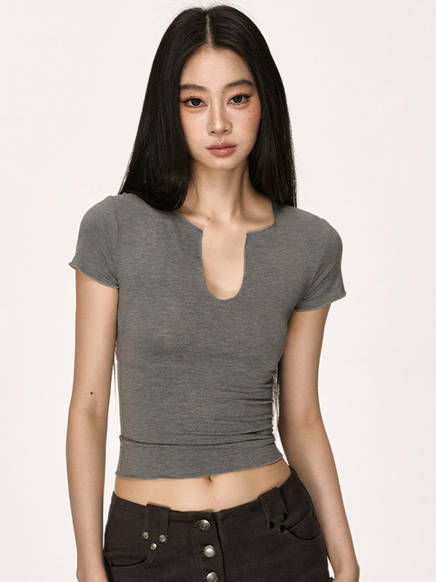 Ruffled V-Neck Short-Sleeve T-Shirt for Women, Summer American Retro Style, Elastic Waist, Slimming High-Waisted Short Top