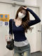 Super Stylish Color-Blocked Fake Two-Piece V-Neck Top for Women, Autumn American Retro Style, Slim-Fit Long-Sleeve T-Shirt