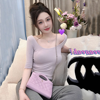 Pure Desire to Show Off Figure, Mid-Sleeve Light Purple T-Shirt for Women, Summer Tight-Fitting Five-Quarter Sleeve, Sweet and Spicy, Slimming U-Neck Base Shirt Top