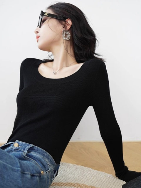 Trendy U-Neck Long-Sleeve Base Shirt for Women, Autumn/Winter 2025 New Style, Gray, Slim-Fit, Stylish Top