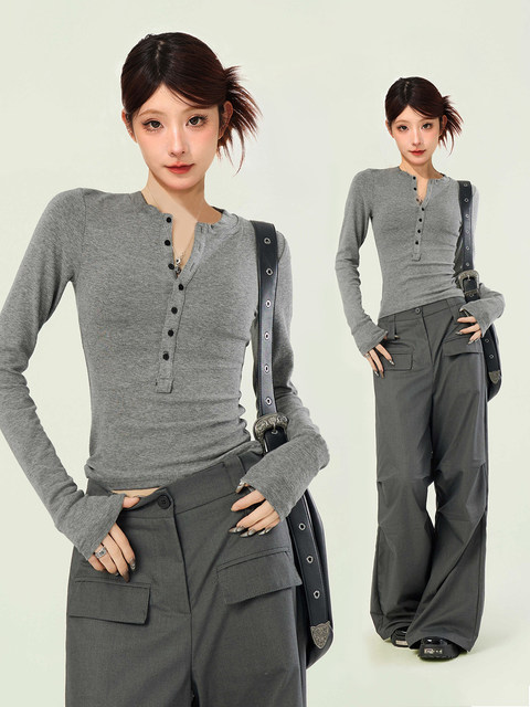 Gray Half-Open Collar Buttoned Long-Sleeve T-Shirt for Women, Autumn and Winter American Style, Slim Fit, Inner Layer Base Shirt Top