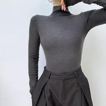 Super Stylish Gray High-Neck Knitted Base Layer for Women, Autumn and Winter Slim-Fit Long-Sleeve Thermal Inner Top