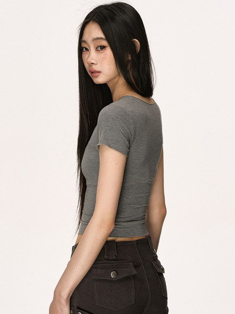 Ruffled V-Neck Short-Sleeve T-Shirt for Women, Summer American Retro Style, Elastic Waist, Slimming High-Waisted Short Top