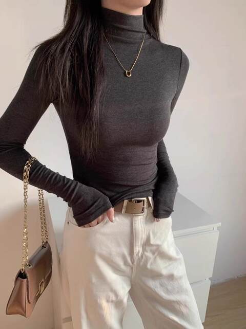 Gray Half-High Collar Base Shirt for Women, Suitable for Layering in Autumn and Winter, with Thin Fleece for Warmth, Stylish Knitted Long-Sleeve Mid-Collar Top