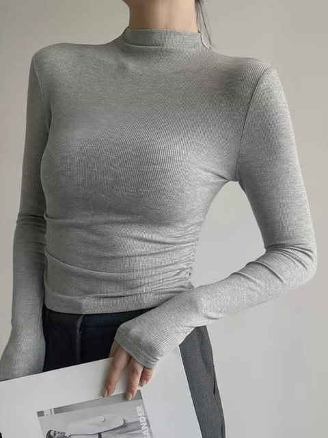 Tight-Fitting Small Stand-Up Collar Long-Sleeve Base Layer T-Shirt for Women, Autumn and Winter Style, Hot Girl Half-High Collar, Elastic Pleated Slimming Top