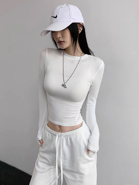 American-Style Spicy Girl Round-Neck Long-Sleeve T-Shirt for Women, New Autumn Slim-Fit High-Waisted Short Top for Layering