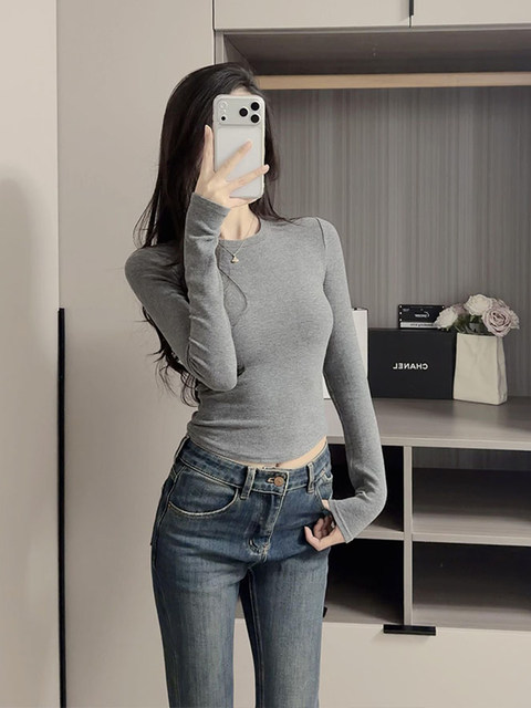 Korean-Style Gray Round-Neck Long-Sleeve Base Shirt T-Shirt for Women, Autumn and Winter Spicy Girl Style, Tight-Fitting, Slimming Base Shirt Top