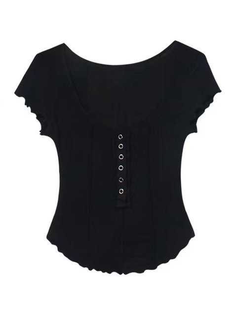 Trendy and Unique Low-Neck Short-Sleeve T-Shirt for Women, Summer 2025 New Style, Pure and Alluring Style, Waist-Cinching, Slimming, Short U-Neck Top