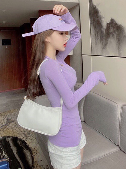 American-Style Spicy Girl Tight-Fitting Purple Long-Sleeve T-Shirt for Women, Super Stylish and Slimming Round-Neck Base Shirt for Autumn and Winter