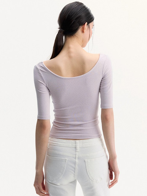 French U-neck mid-sleeve t-shirt for women in spring and autumn new style hot girl five-quarter sleeve slim fit and slim inner layering shirt top