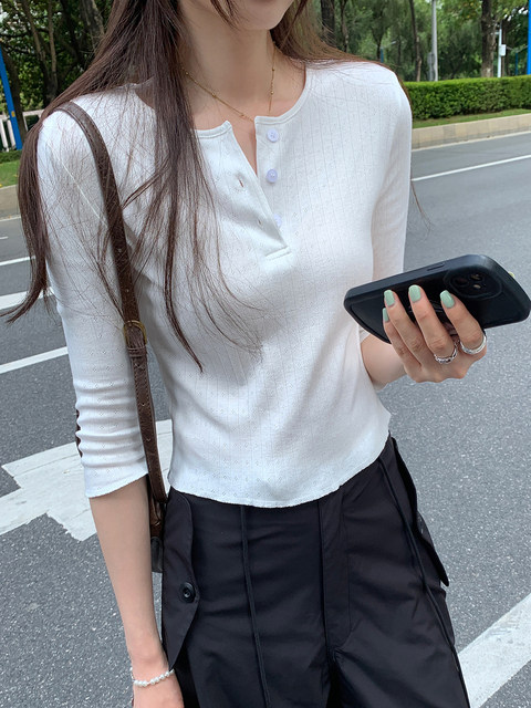 Korean-Style Half-Button Round-Neck Mid-Sleeve T-Shirt for Women, New Summer Design, Slim-Fit, Short-Length Base Shirt Top