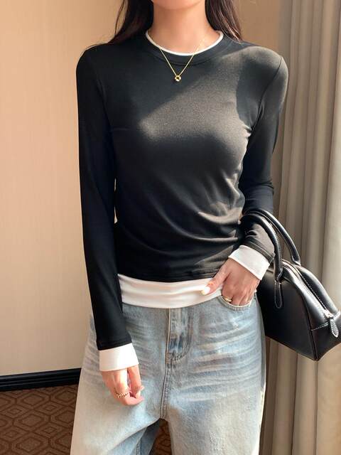 Color-Blocking Faux Two-Piece Long-Sleeve T-Shirt for Women, New Autumn and Winter Style, Regular Shoulder Fit, Versatile High-Elasticity Base Layer Top