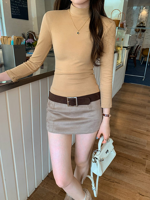 American-Style Spicy Girl Half-High Collar Long-Sleeve T-Shirt for Women, Autumn and Winter Design, Niche Tight-Fitting Inner Layer, Three-Quarter Sleeve Top