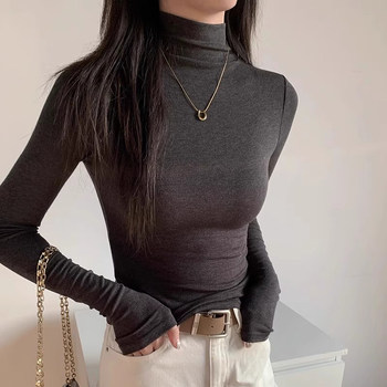 Gray Half-High Collar Base Shirt for Women, Suitable for Layering in Autumn and Winter, with Thin Fleece for Warmth, Stylish Knitted Long-Sleeve Mid-Collar Top