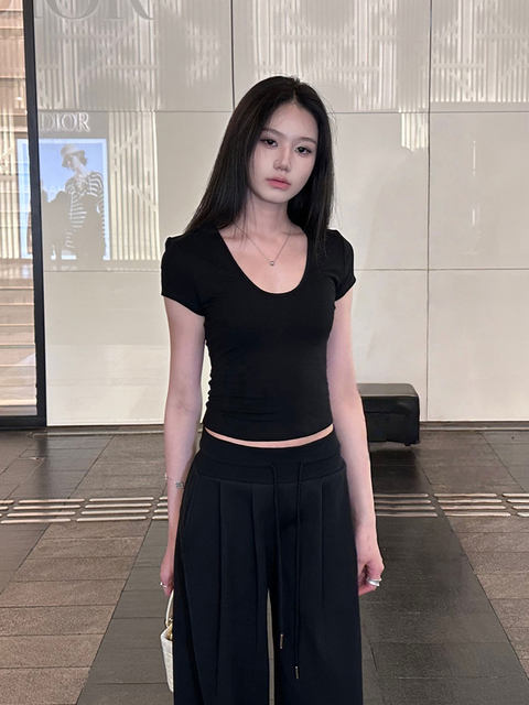 Pure Desire Style U-Neck Short-Sleeve T-Shirt for Women, New Summer Sexy Low-Cut Hot Girl High-Elastic Slim-Fit Basic Versatile Top