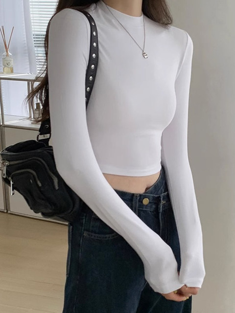 Solid Color Hot Girl Long-Sleeve T-Shirt for Women, 2025 Spring and Autumn Style, Slim Fit, Short, Cropped, for Petite Figures, Base Layer Top