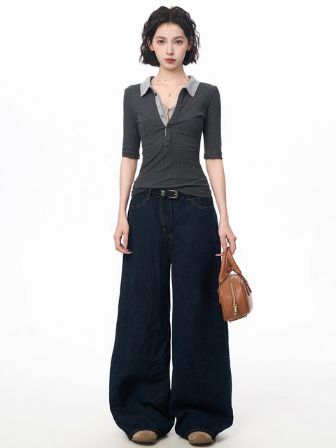 Gray Polo Collar Lace Fake Two-Piece Short-Sleeved T-Shirt for Women, Summer Design with a Unique and Cool Style, Half-Sleeve Top ins