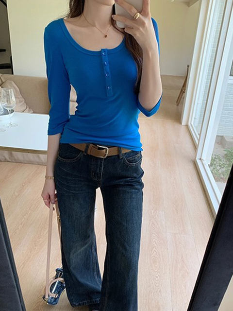 Klein Blue U-Neck Mid-Sleeve T-Shirt for Women, Spring and Autumn 2025 New Design, Regular Shoulder Button-Up, Slim Fit Top
