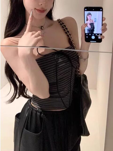 Spicy Girl Halter Neck Tie-Up Tube Top Women's Summer Design Off-Shoulder Tight-Fitting Figure-Flattering Base Shirt Striped Top