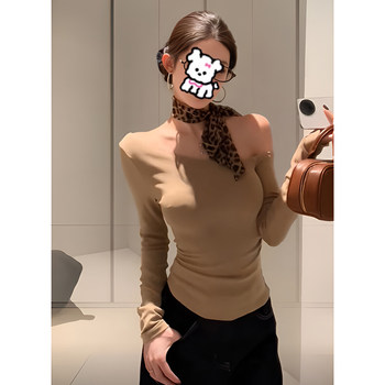 Purely Alluring Spicy Girl Long-Sleeve Asymmetrical Shoulder T-Shirt for Women, Early Autumn High-End Slim-Fit Sexy Off-Shoulder Top