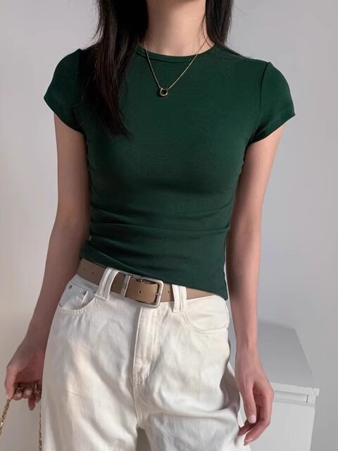 Green Short-Sleeved T-Shirt for Women, 2025 Summer New Style, Tight-Fitting, Figure-Flattering, Slimming, Pure Cotton, Round Neck Top