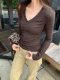 Coffee-Colored V-Neck Long-Sleeve Base T-Shirt for Women, Autumn and Winter, Pure and Sexy, Tight-Fitting, Low-Neck, Regular Shoulder, Slim-Fit Top