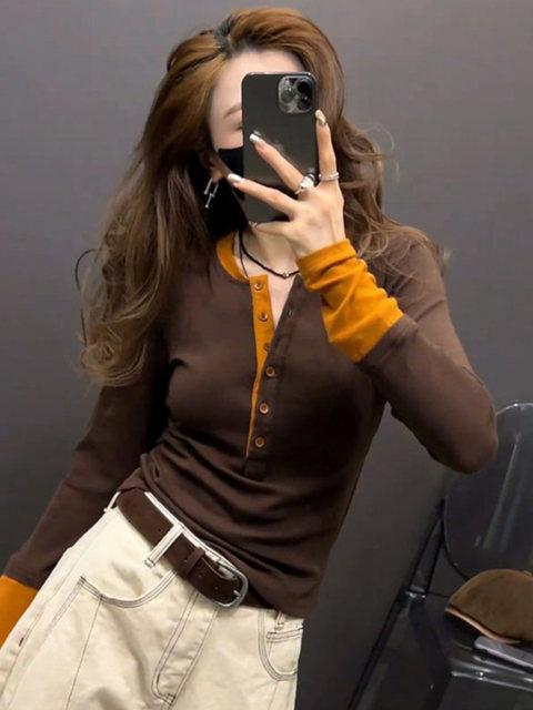 American Retro Color-Block Long-Sleeve Base Shirt for Women, Autumn and Winter Design, Slim Fit, Slimming, Patchwork Fake Two-Piece Top