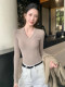 Solid Color V-Neck Inner Layering Shirt for Women, Autumn and Winter, High-End Elegant Style, Bell Sleeve Design, Fishbone Long-Sleeve T-Shirt Top