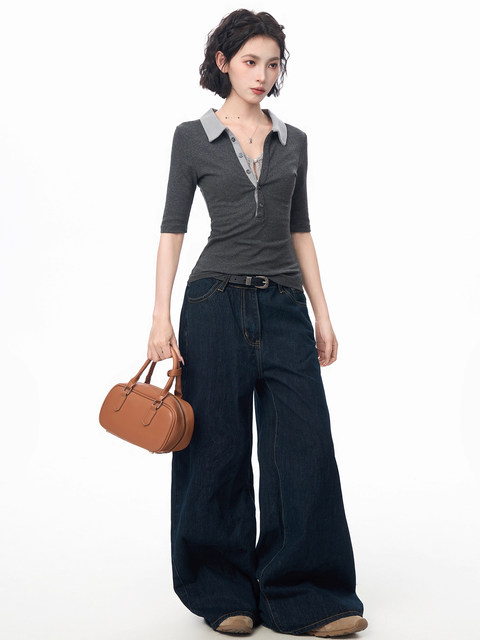 Gray Polo Collar Lace Fake Two-Piece Short-Sleeved T-Shirt for Women, Summer Design with a Unique and Cool Style, Half-Sleeve Top ins