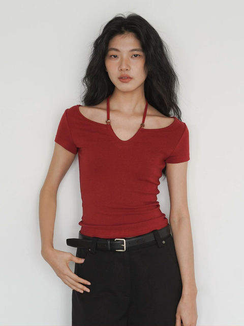 Red Halter Neck Short-Sleeved T-Shirt for Women 2025 Summer New Design Niche Spicy Girl Off-Shoulder Short Top